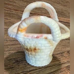 Vintage Marbleized Milk Glass Basket Candy Dish Slag Glass Basket Weave 4” Amber